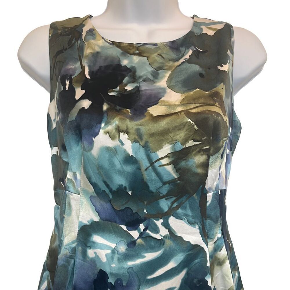 Jones New York Blue Green Watercolor Floral Sheath Silk Blend Cocktail Dress 4 - Picture 2 of 6